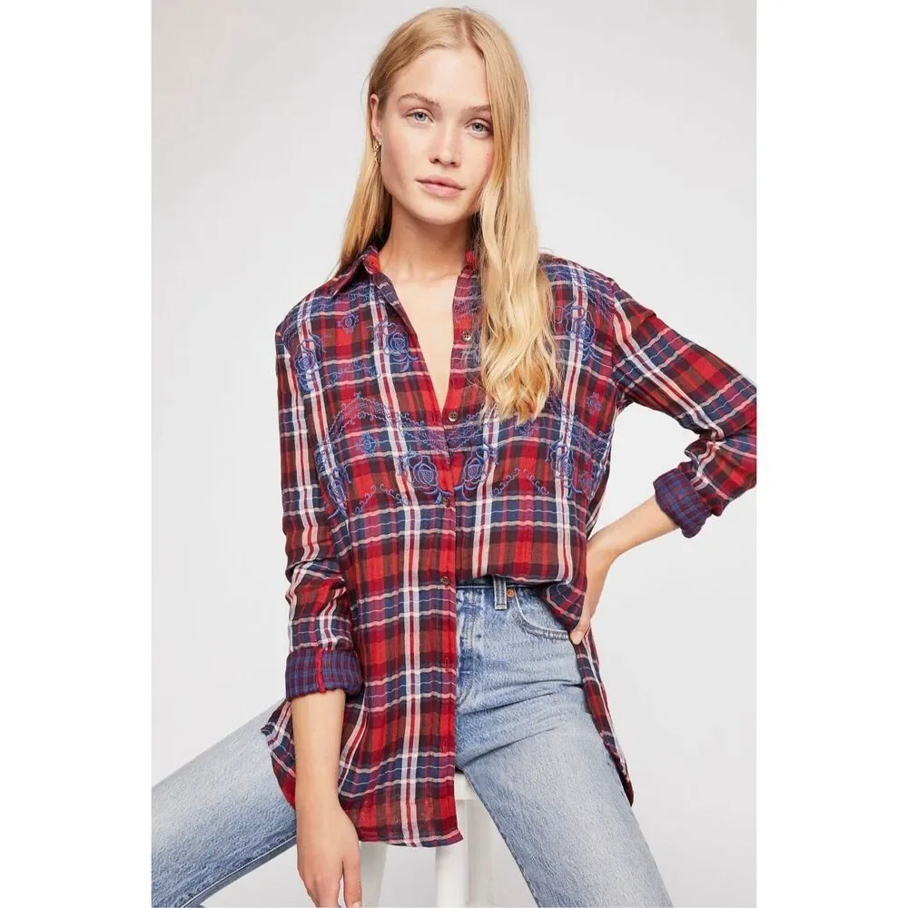 Free People Magical Plaid Buttondown Top Size XS
